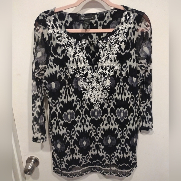 INC International Concepts Embroidered Ikat Print Mesh Tunic Length Top Sz L-Y2K - Picture 1 of 6